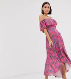 Flounce London Bardot Satin Midi Dress With Frill At Hem In Multi Animal Print - Multi