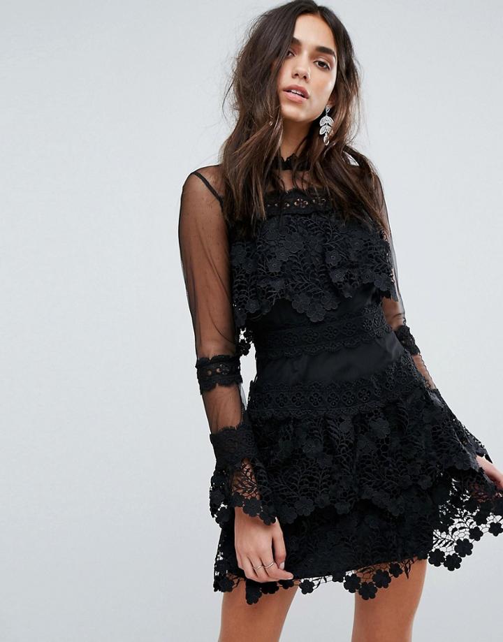 Prettylittlething Premium Lace Dress With Mesh Sleeve - Black