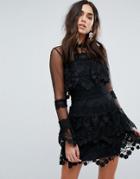 Prettylittlething Premium Lace Dress With Mesh Sleeve - Black
