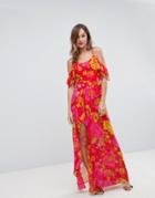 Asos Ruffle Cami Maxi Dress In Bright Floral Print - Multi