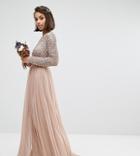 Maya Petite Long Sleeve Sequin Top Maxi Tulle Dress - Brown