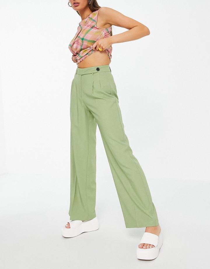 Bershka Wide Leg Tailored Pants In Soft Green