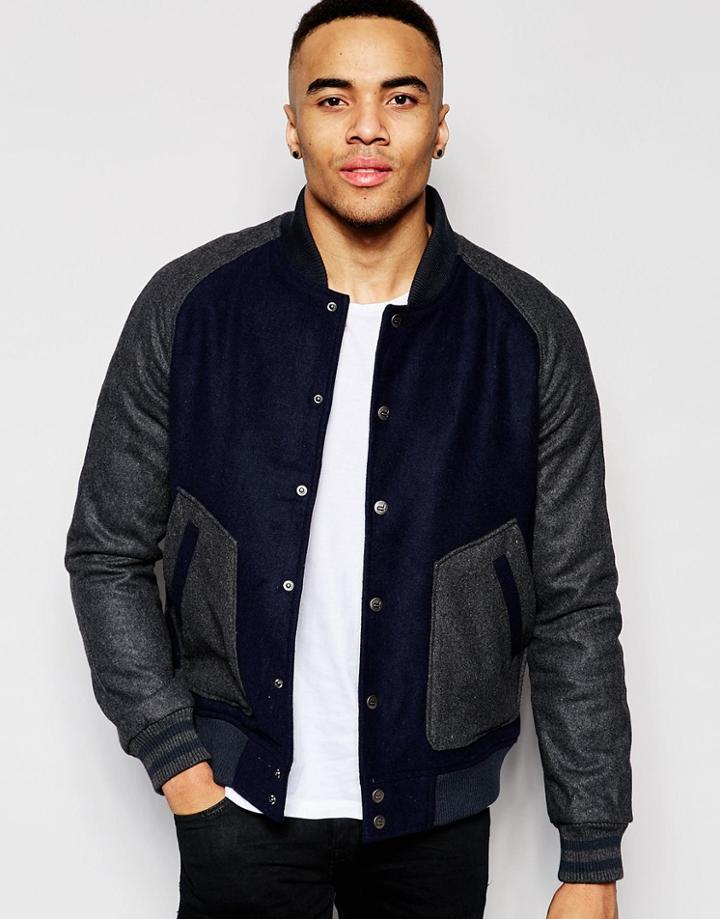 D-struct Fallow Wool Blend Contrast Sleeve Bomber Jacket - Navy