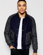 D-struct Fallow Wool Blend Contrast Sleeve Bomber Jacket - Navy