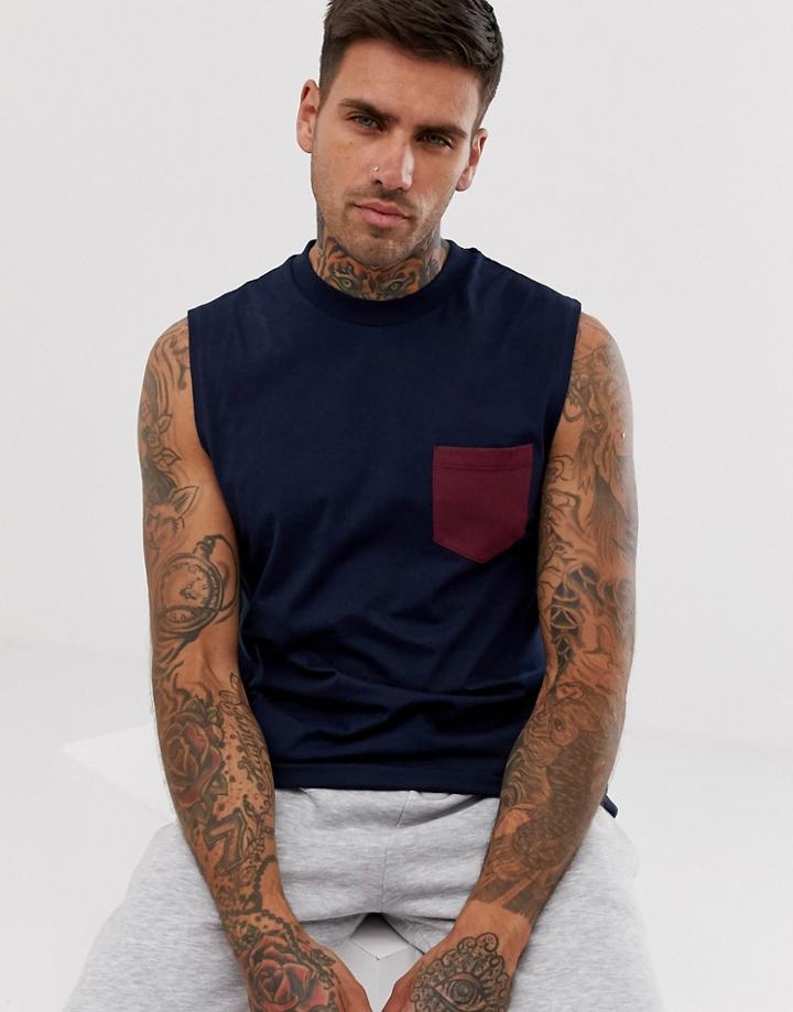 Asos Design Tank Tank With Contrast Pocket In Navy - Navy