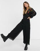 Asos Design Embroidered Button Front Textured Tea Jumpsuit In Black