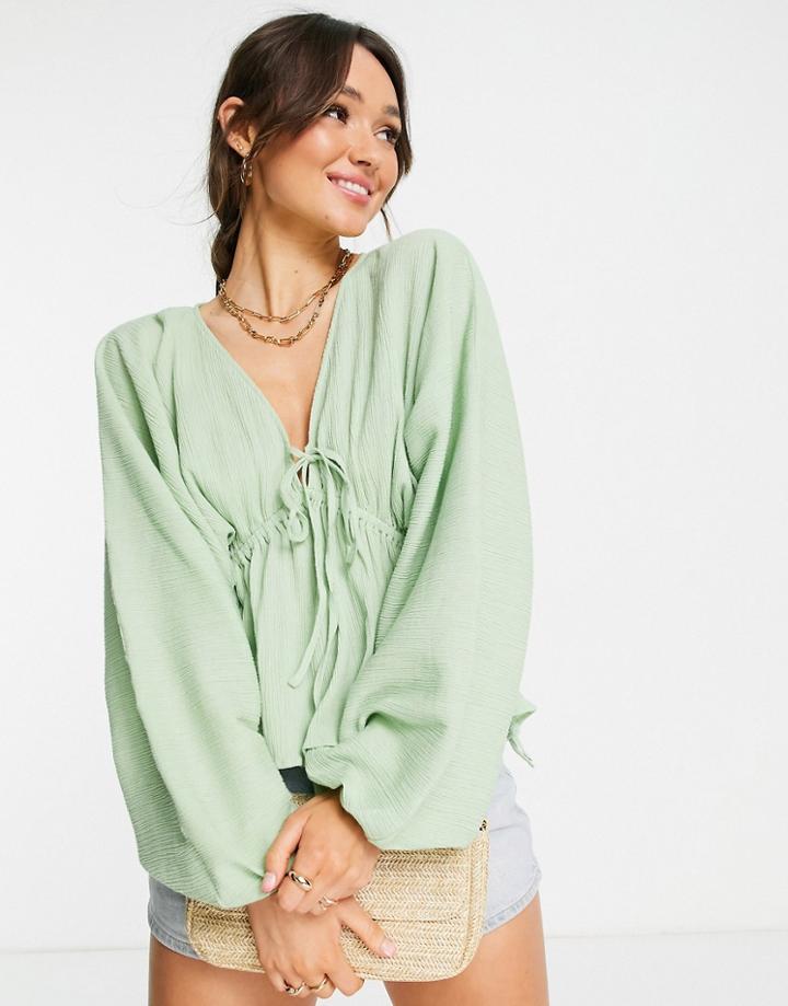 Asos Design Natural Crinkle Top With Side Ties In Sage-green