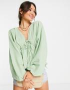 Asos Design Natural Crinkle Top With Side Ties In Sage-green
