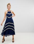 Asos Ultimate Pleated Midi Dress With Contrast Satin & Lace Panels - Multi