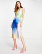 Asos Design Watercolor Satin Cowl Neck Midi Dress-multi