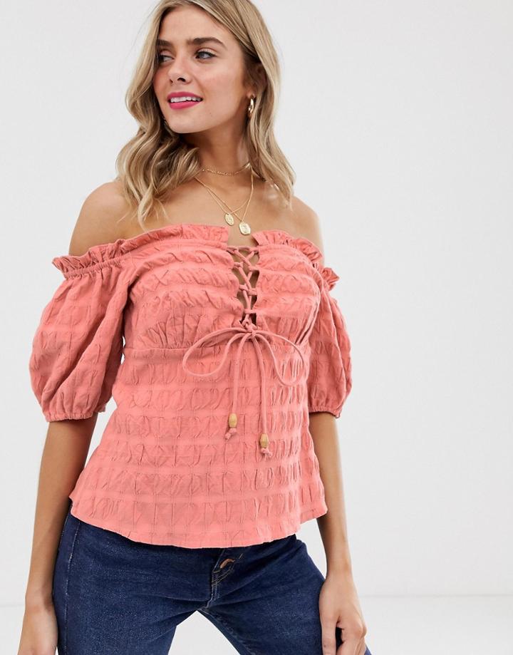 Asos Design Off Shoulder Top With Lace Up Detail In Textured Cotton-white