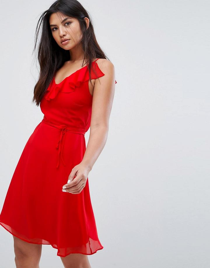 Zibi London Belted Skater Dress With Frill Overlay - Red