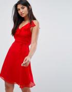 Zibi London Belted Skater Dress With Frill Overlay - Red