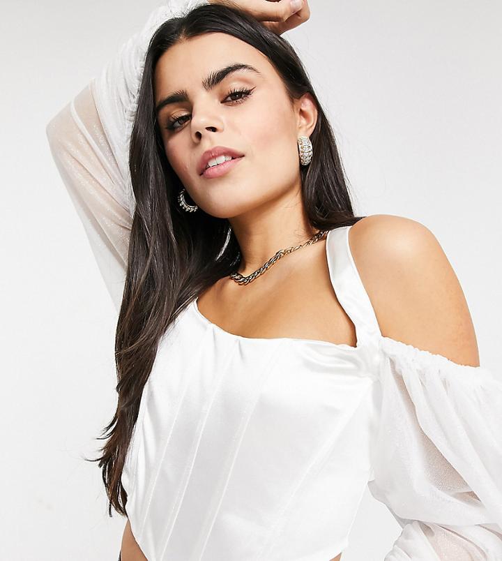 Club L London Petite Satin Puff Sleeve Halterneck Top In White
