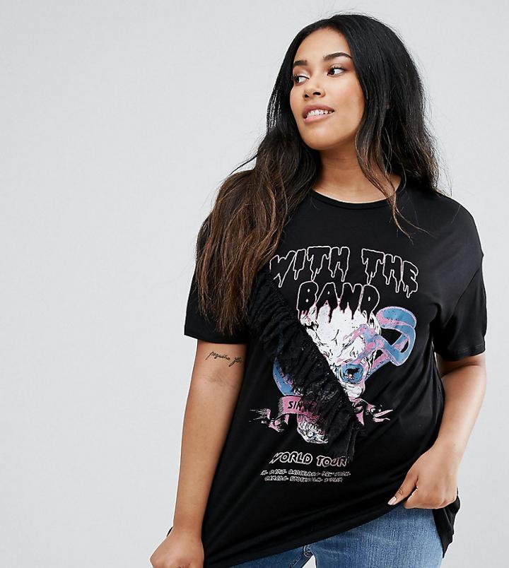 New Look Curve Slogan Frill Detail T-shirt - Black