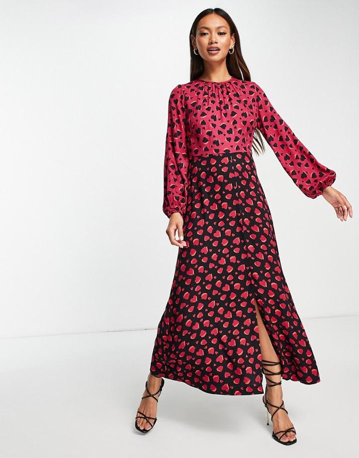 Closet London Contrast Midi Tea Dress In Plum Heart Print-multi