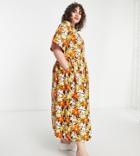 Collusion Plus Twill Wrap Maxi Smock Dress In Orange Floral Print-multi