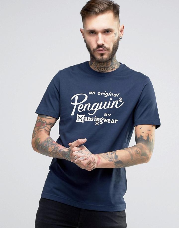 Original Penguin Script Logo T-shirt Slim Fit In Navy - Navy