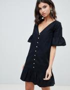 Asos Design Casual Button Through Mini Smock Dress With Frill Hem - Black