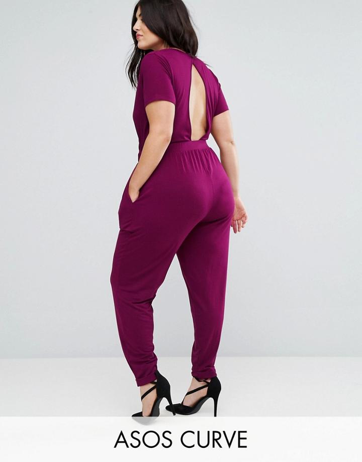Asos Curve Wrap Jumpsuit With Short Sleeve - Purple