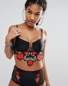 Jaded London Embroidered Rose Bikini Top - Black