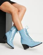 Glamorous Patent Lace Up Heel Boots In Pale Blue