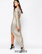The 8th Sign Irredescent Sequin Plunge Neck Cross Back Maxi Dress With Deep Thigh Split - Gold