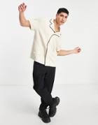 Asos Design Relaxed Fit Waffle Jersey Shirt With In Cream With Black Tipping-neutral
