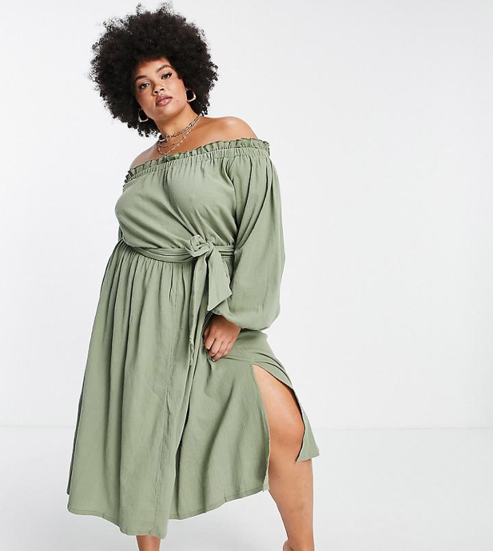 Asos Design Curve Off Shoulder Super Crinkle Beach Dress In Khaki-green