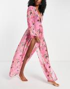 Asos Design Tie Front Beach Maxi Beach Kimono In Bold Floral Print-multi