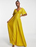 Asos Design Pleated Twist Back Cap Sleeve Maxi Dress In Mustard-blues