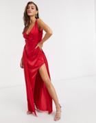Yaura Plunge Neck High Low Midaxi Dress In Fiery Red