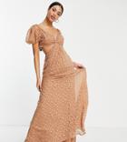 Asos Design Tall Twist Front Maxi Dress In Satin Spot In Taupe-brown