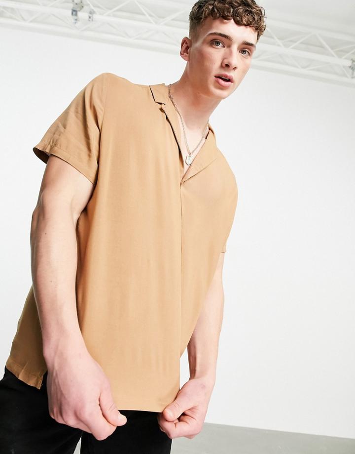 Asos Design Relaxed Viscose Shirt With Revere Collar In Brown