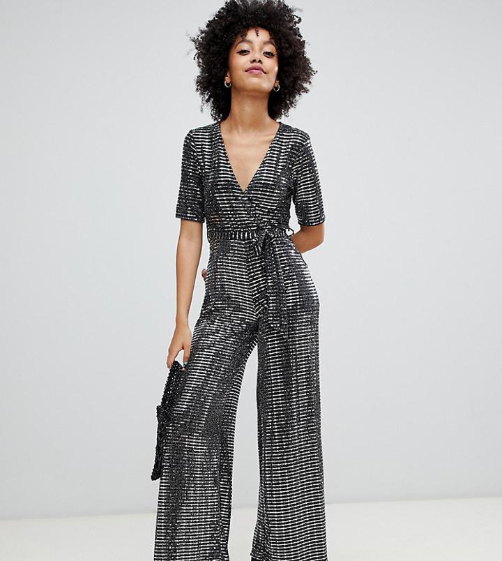 New Look Wrap Jumpsuit In Silver Glitter - Black