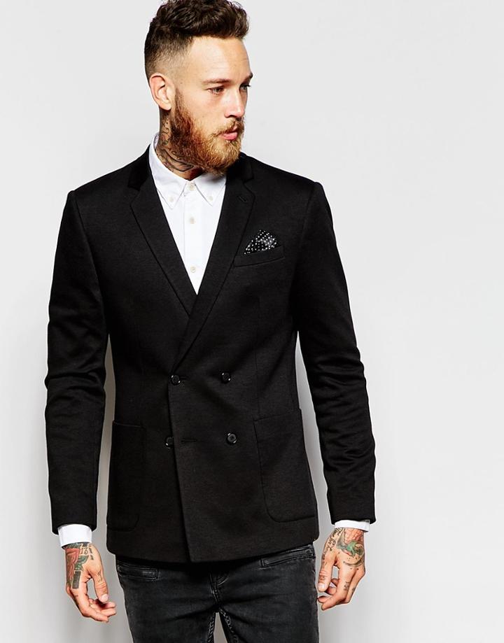 Asos Skinny Double Breasted Blazer In Jersey - Black
