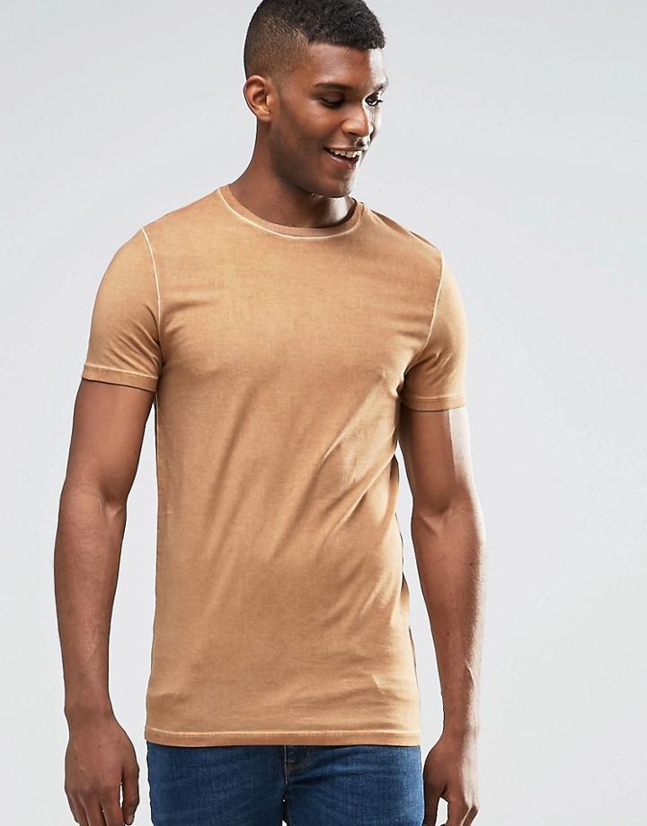 Asos Longline Muscle T-shirt With Oil Wash In Camel - Camel