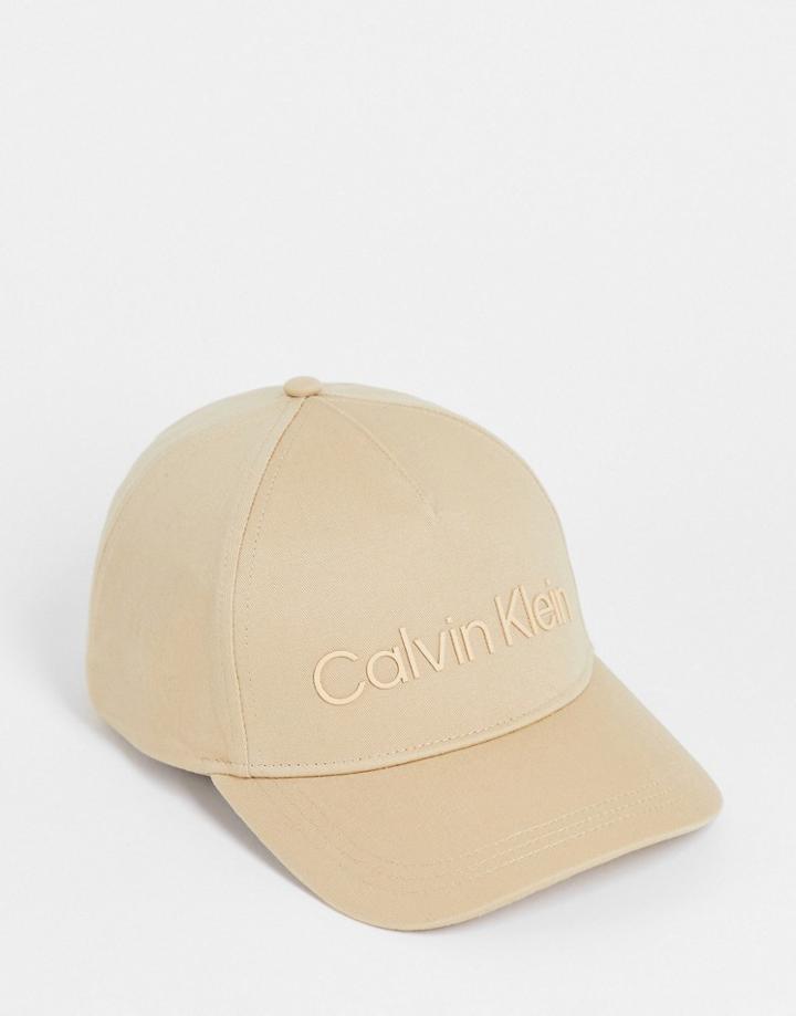 Calvin Klein Cotton Large Logo Cap In Beige - Beige-neutral