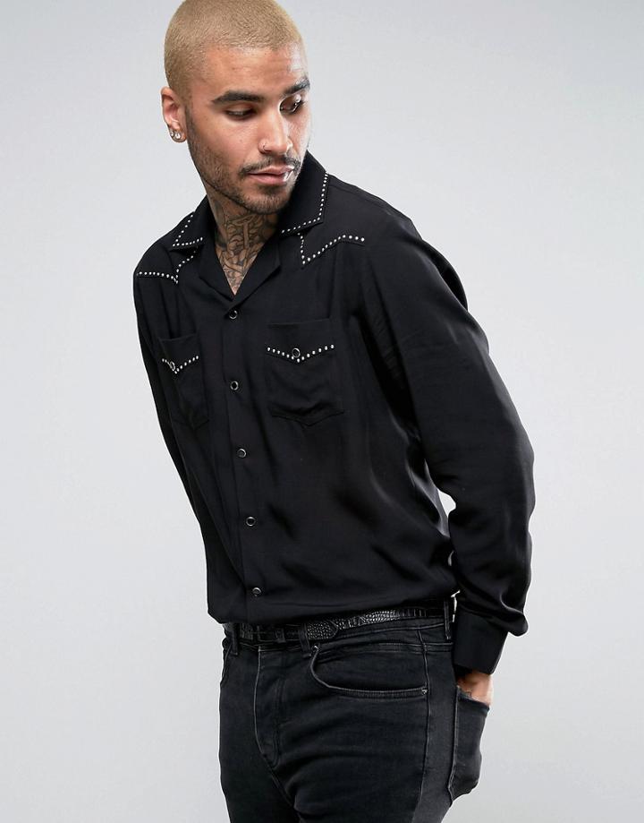 Asos Regular Fit Viscose Studded Western Shirt With Revere Collar - Black