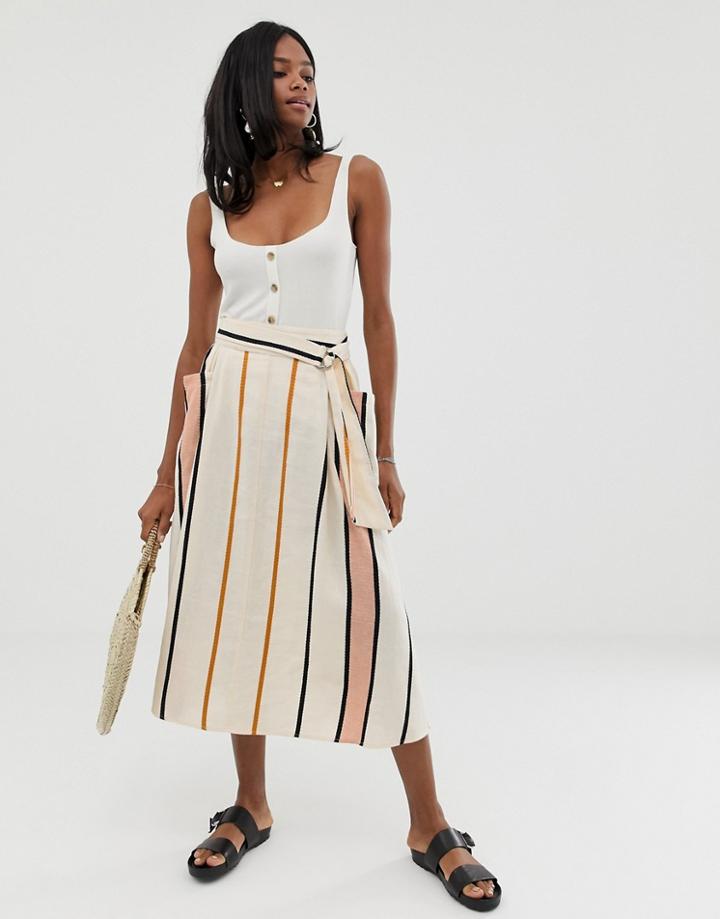 Asos Design Midi Skirt With Pockets And D-ring Belt In Natural Stripe Print - Multi