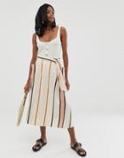 Asos Design Midi Skirt With Pockets And D-ring Belt In Natural Stripe Print - Multi