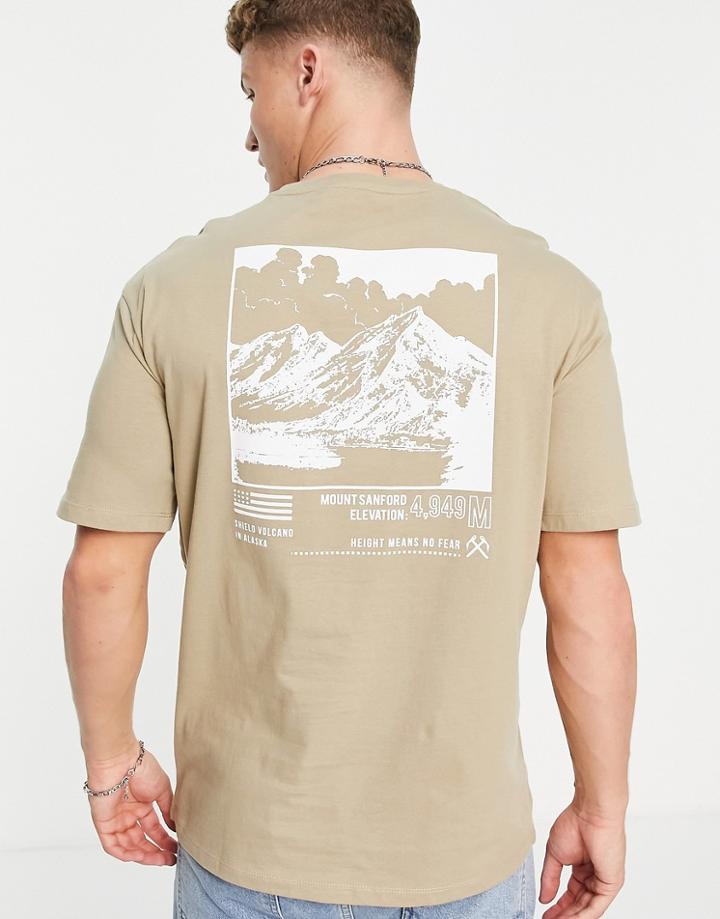 Selected Homme Organic Cotton Oversized T-shirt With Mountain Back Print In Tan-brown
