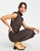 Asos Design Ribbed Brushed Midi Dress With Shoulder Pads And Roll Neck In Chocolate Brown