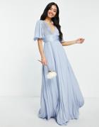 Asos Design Bridesmaid Pleated Flutter Sleeve Maxi Dress With Satin Wrap Waist In Blue