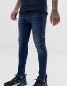 Asos Design Spray On Jeans In Power Stretch In Dark Wash Blue With Side Zips - Blue