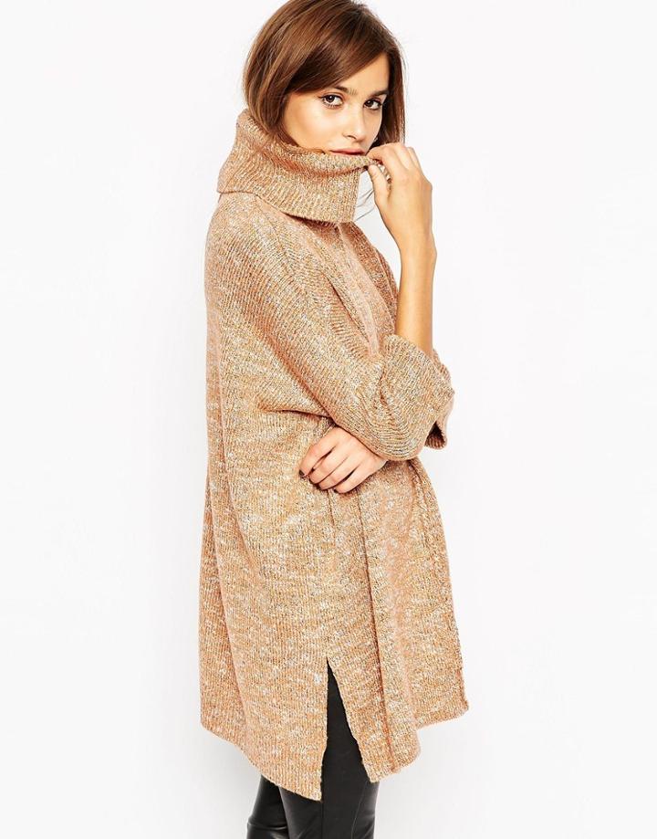 Asos Cape Tunic With High Neck In Tweedy Yarn - Tobacco