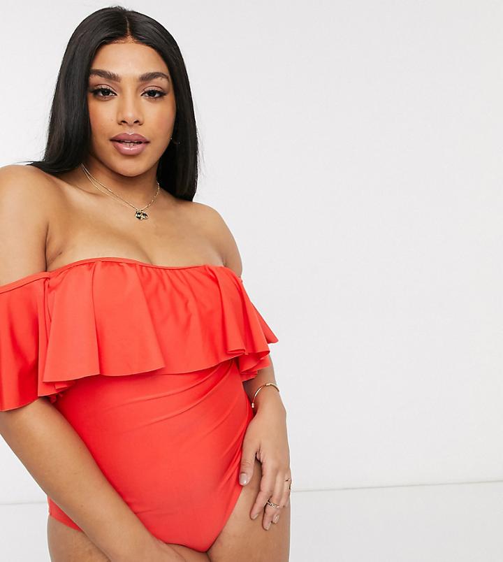 Brave Soul Plus Bardot Swimsuit With Frill-red