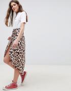 Asos Design Leopard Print Wrap Midi Skirt - Multi
