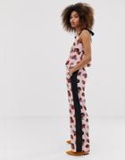Neon Rose Wide Leg Pants With Side Stripe In Spot Floral Two-piece-pink