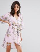 Prettylittlething Floral Tie Front Dress - Purple
